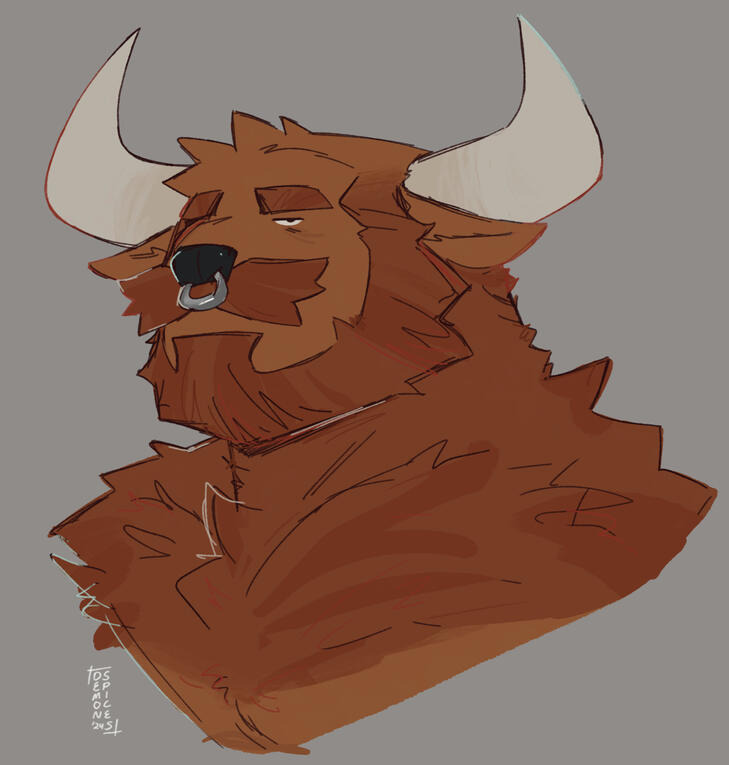 A portrait of an orange-brown minotaur. A portrait of an orange-brown minotaur.