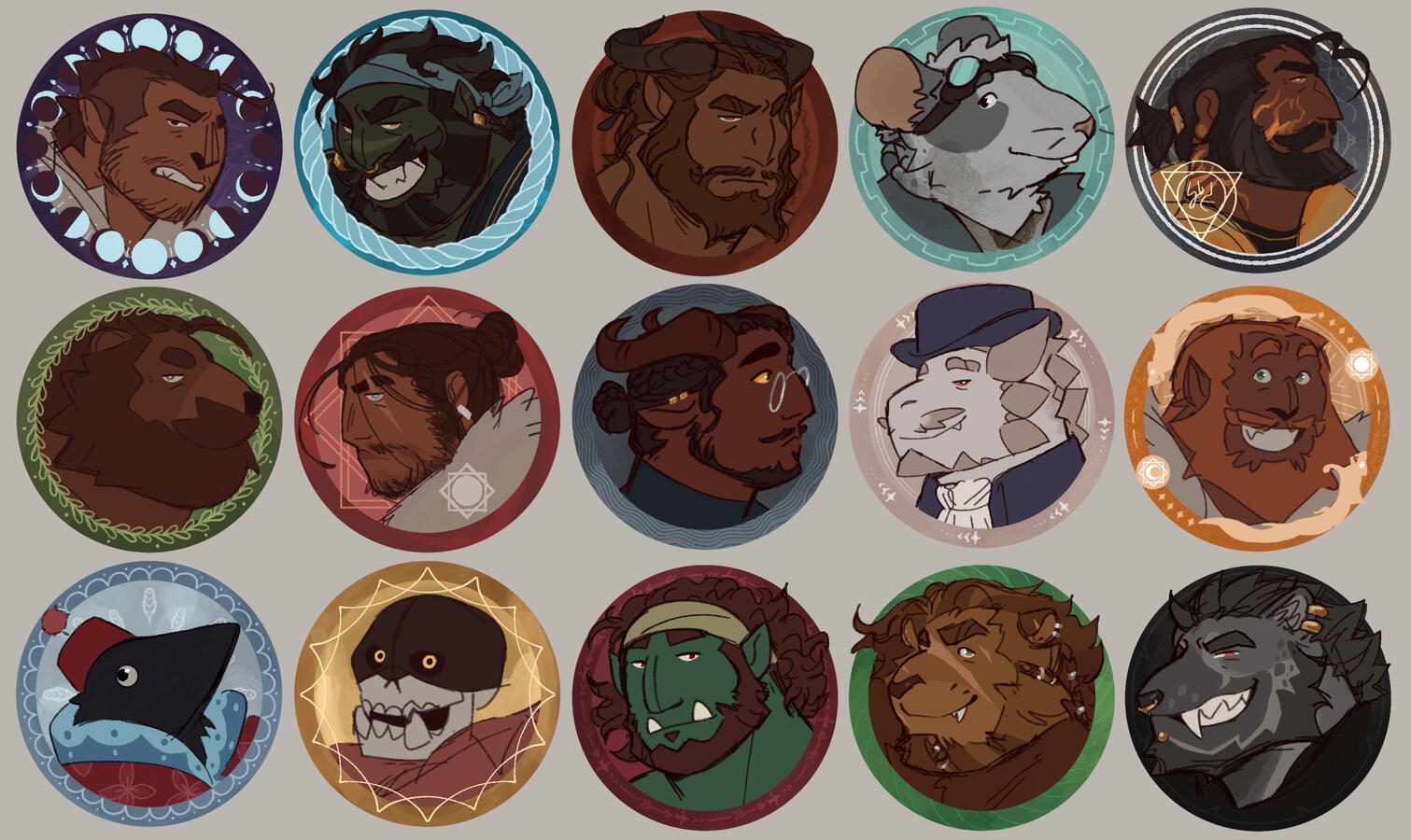 an array of circular icons of various characters, such as orcs, humans, tieflings, kobolds, and gnolls. an array of circular icons of various characters, such as orcs, humans, tieflings, kobolds, and gnolls.