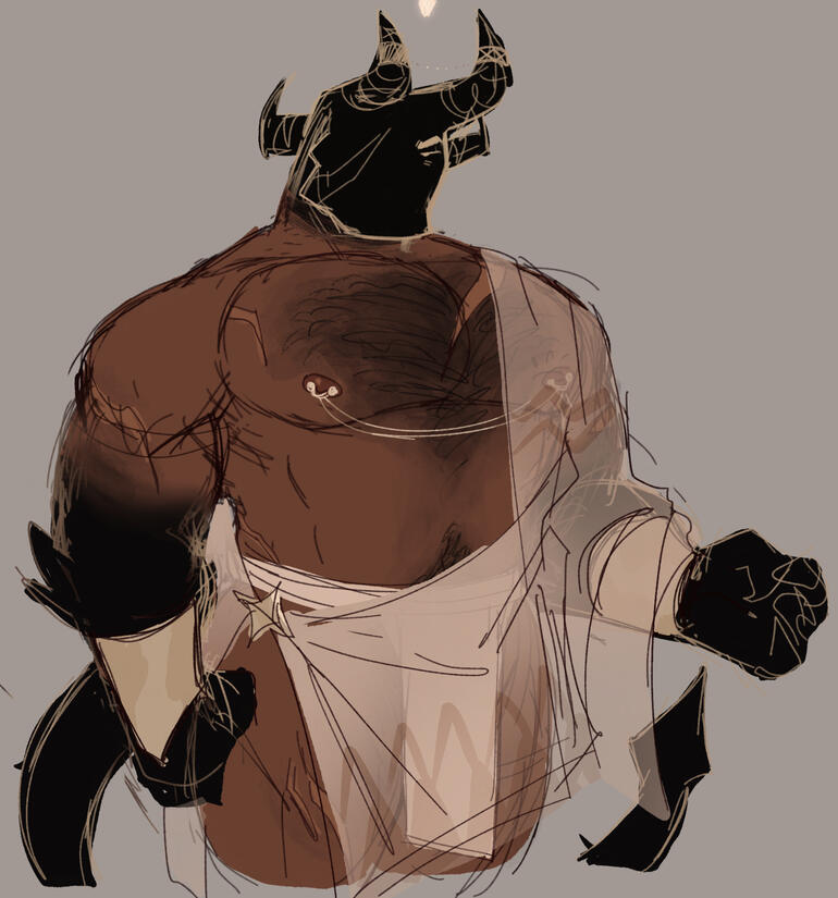 A muscular demon stands in a gray void. Its body is on full display, save for some very sheer fabric that leaves nothing to the imagination. A muscular demon stands in a gray void. Its body is on full display, save for some very sheer fabric that leaves nothing to the imagination.