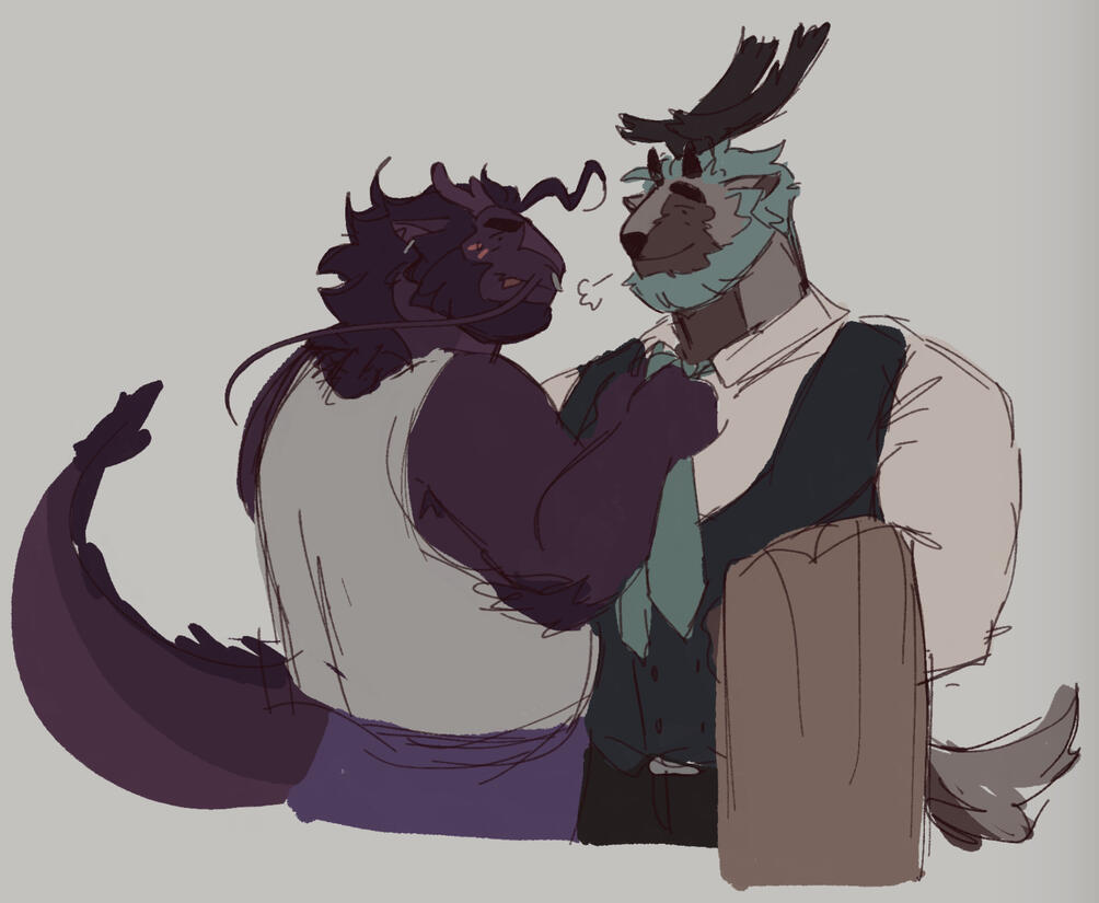 A purple dragon focuses with their tongue out as they fix a deer's tie. A purple dragon focuses with their tongue out as they fix a deer's tie.