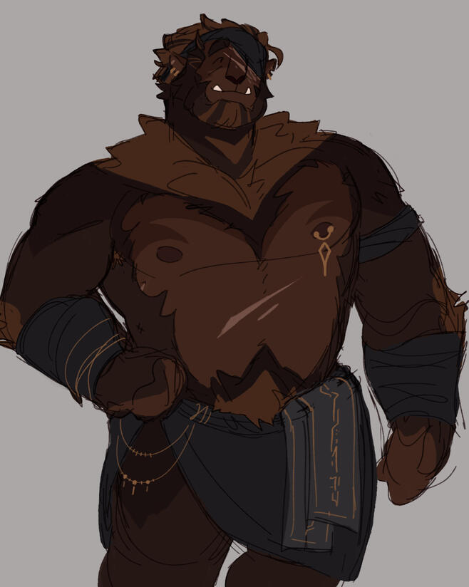 A bugbear stands on a gray background. He is cheery as he rests a hand on his hip. He wears a very small loincloth and nothing else. A bugbear stands on a gray background. He is cheery as he rests a hand on his hip. He wears a very small loincloth and nothing else.