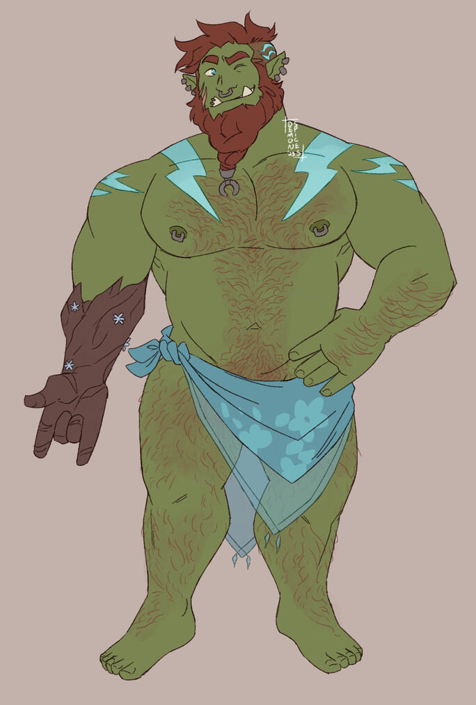 An orc nearly nude save for a small loincloth tied around his waist. His arm is made of wood and he is winking at the camera. An orc nearly nude save for a small loincloth tied around his waist. His arm is made of wood and he is winking at the camera.
