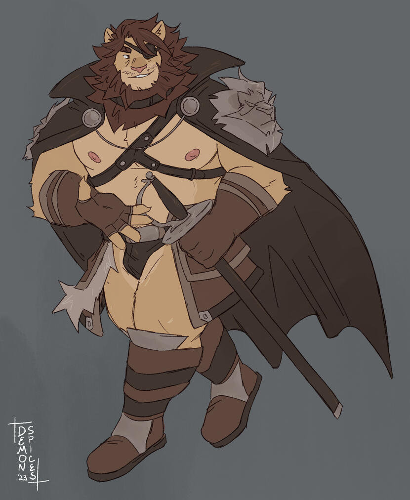 A lion man with an eyepatch walks and talks with someone offscreen. He is wearing very little, save for a speedo and a long cape. A lion man with an eyepatch walks and talks with someone offscreen. He is wearing very little, save for a speedo and a long cape.