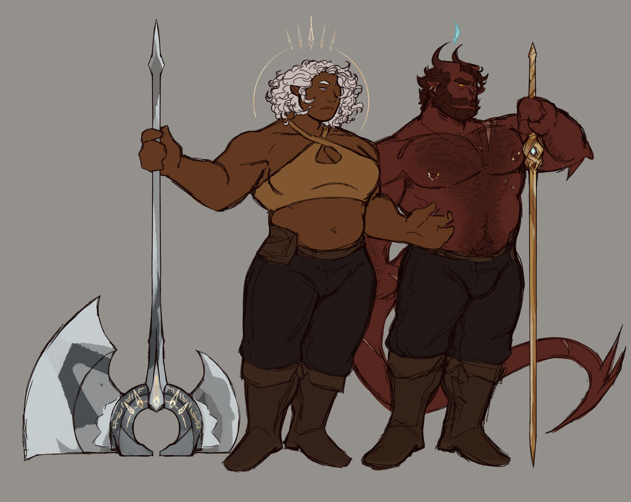 An angel and a demon baring both their bodies and their enchanted weapons. An angel and a demon baring both their bodies and their enchanted weapons.