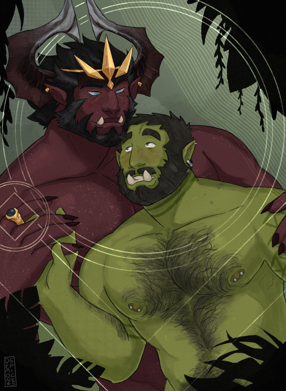 A painting where a demon dances romantically with an orc in the woods, both of them in the nude. A painting where a demon dances romantically with an orc in the woods, both of them in the nude.