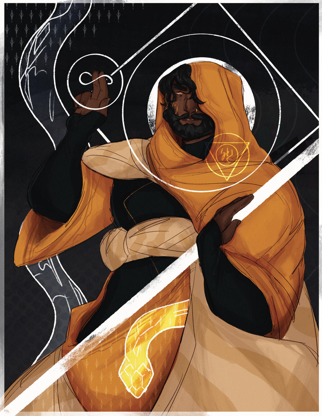 A painting where a human mage shrouded in gold raises their hand to cast a spell. A painting where a human mage shrouded in gold raises their hand to cast a spell.
