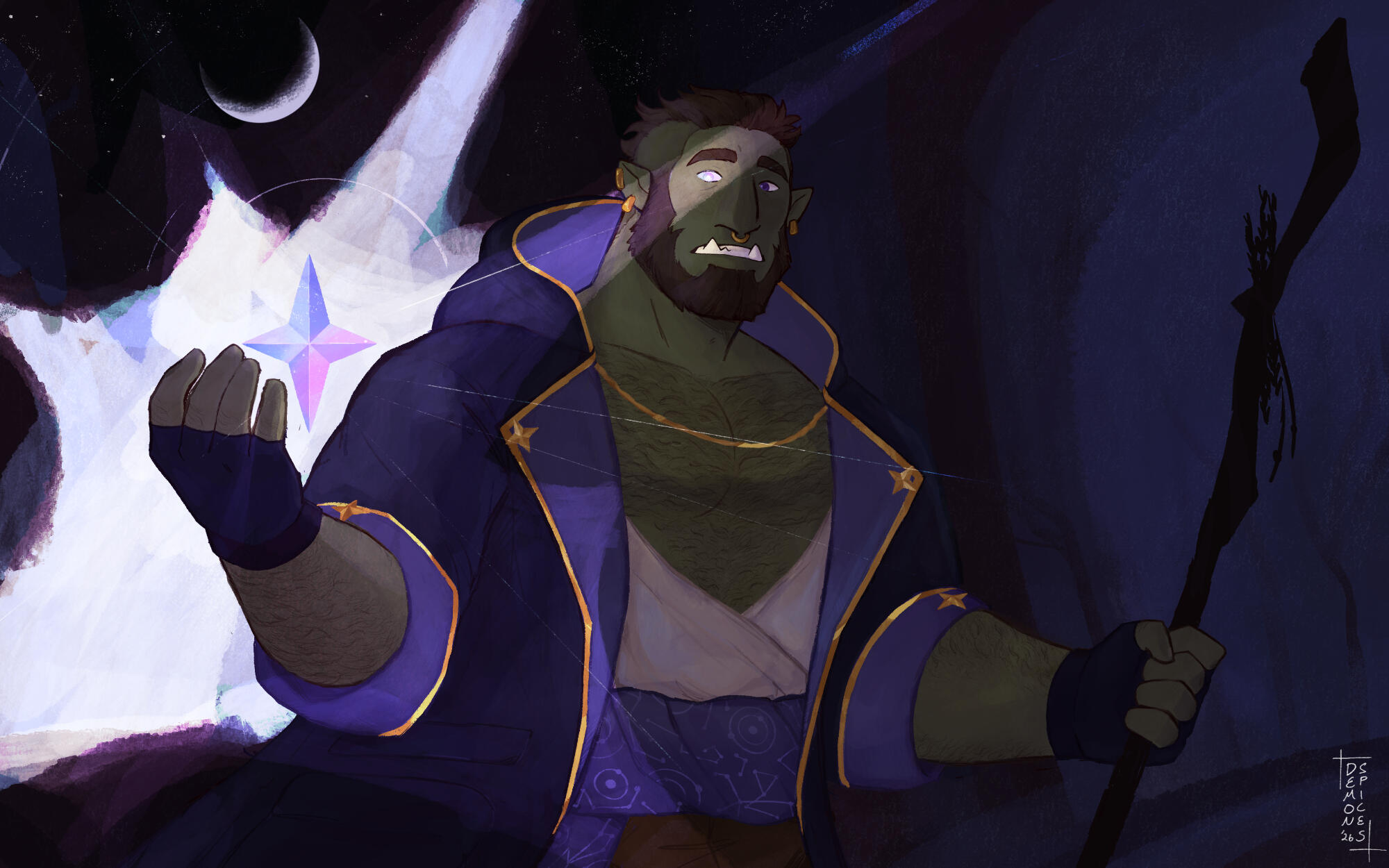 A painting where an orc holds a brightly glowing gemstone whilst stood in the woods at night. A painting where an orc holds a brightly glowing gemstone whilst stood in the woods at night.